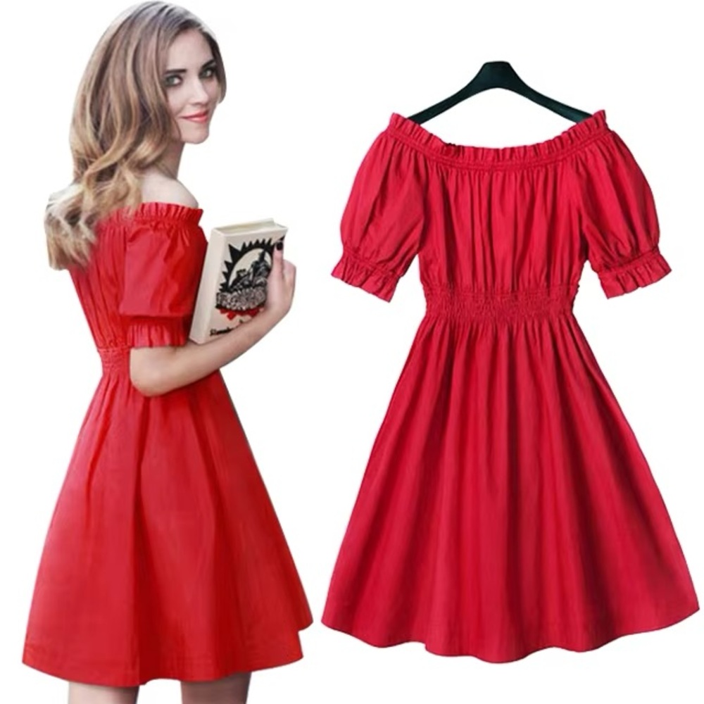 Cute Girly Red Off Shoulder Prairie Southern Rose Dress